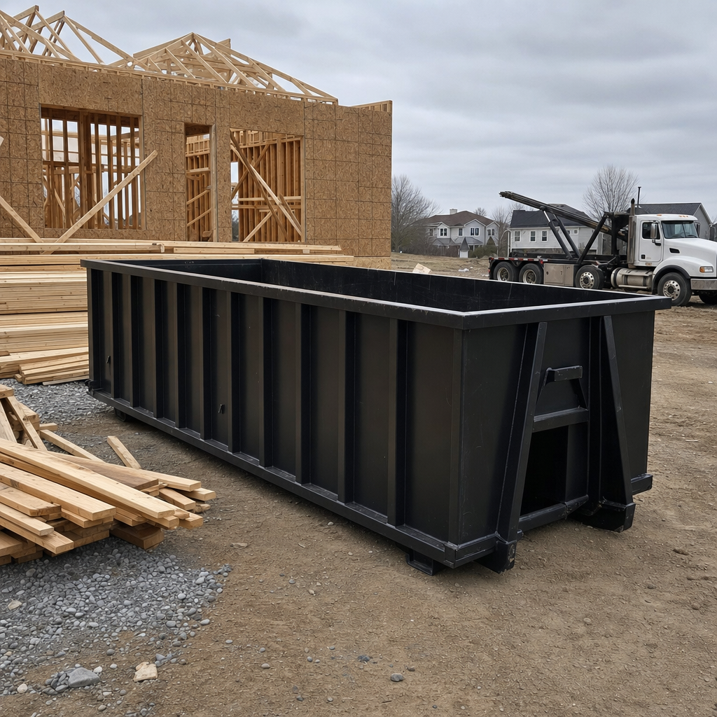 Matte-black 40-yard roll-off dumpster staged on a framed-out residential construction site in Eagan, framing lumber stacked nearby, hooklift delivery truck visible in the background under bright Colorado daylight