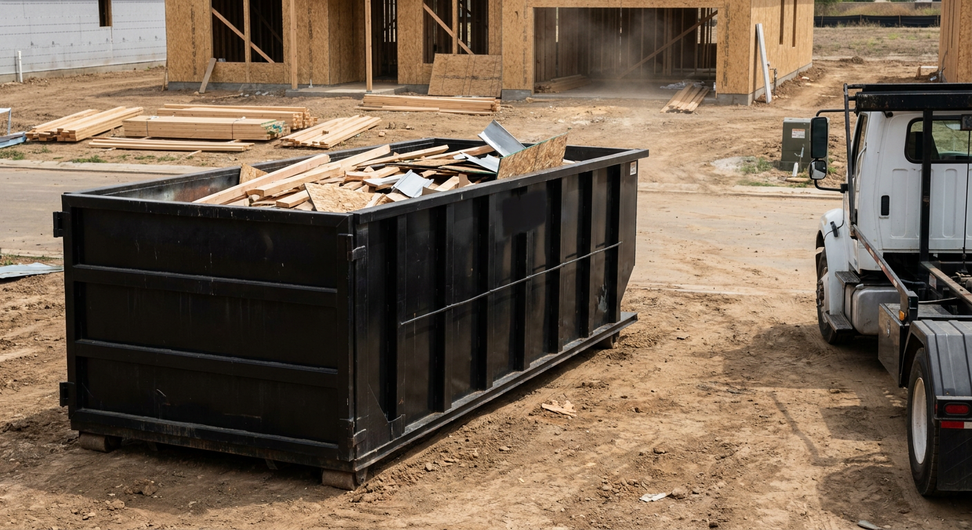 Matte-black 20-yard roll-off construction dumpster with heavy ribbed steel sidewalls and swing rear doors at a working jobsite in Eagan, sitting directly on compacted dirt with an unmarked white hauler partially visible at the far edge of the frame.
