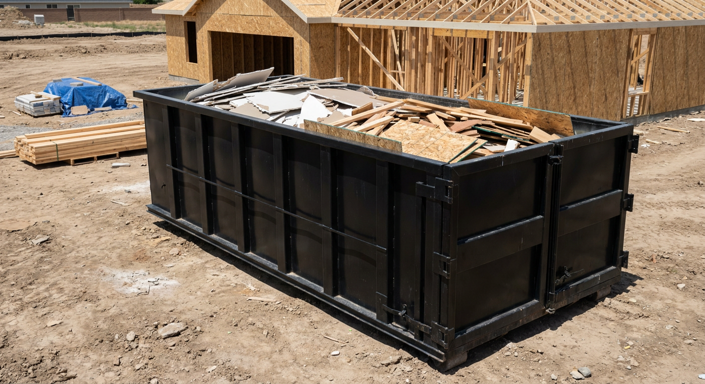 Matte-black 30-yard roll-off construction dumpster sitting directly on the compacted-dirt site of a framed single-family home build in Eagan, drywall and lumber scrap loaded inside.