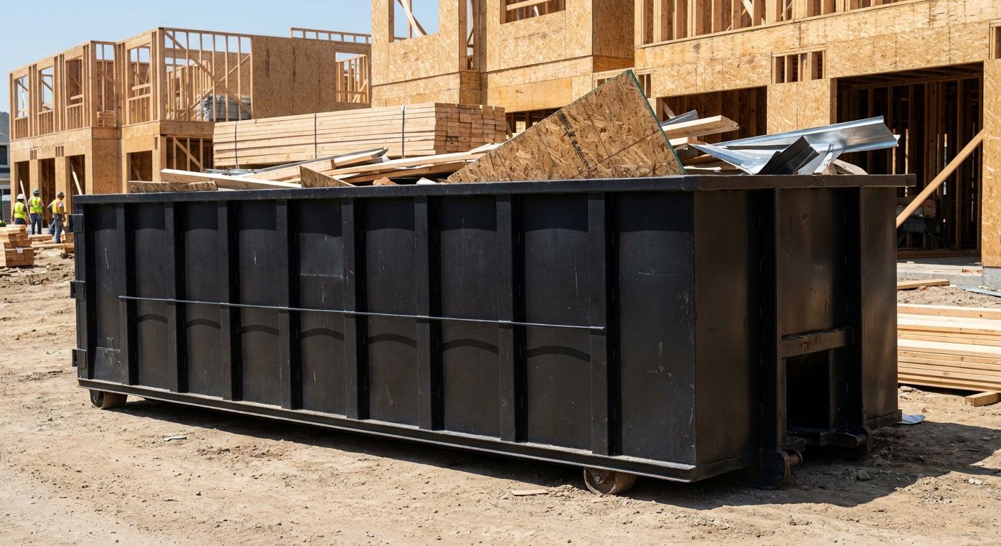 Matte-black 40-yard roll-off construction dumpster being lowered from a white-cab hooklift delivery truck onto the compacted-dirt jobsite at a commercial build site in Eagan