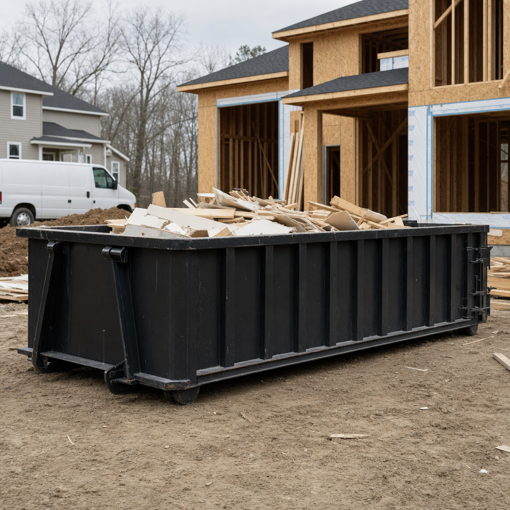 Worker in a yellow high-visibility vest tossing framing lumber and broken drywall into a matte-black 30-yard construction roll-off dumpster on an active build site in Eagan, bright daylight