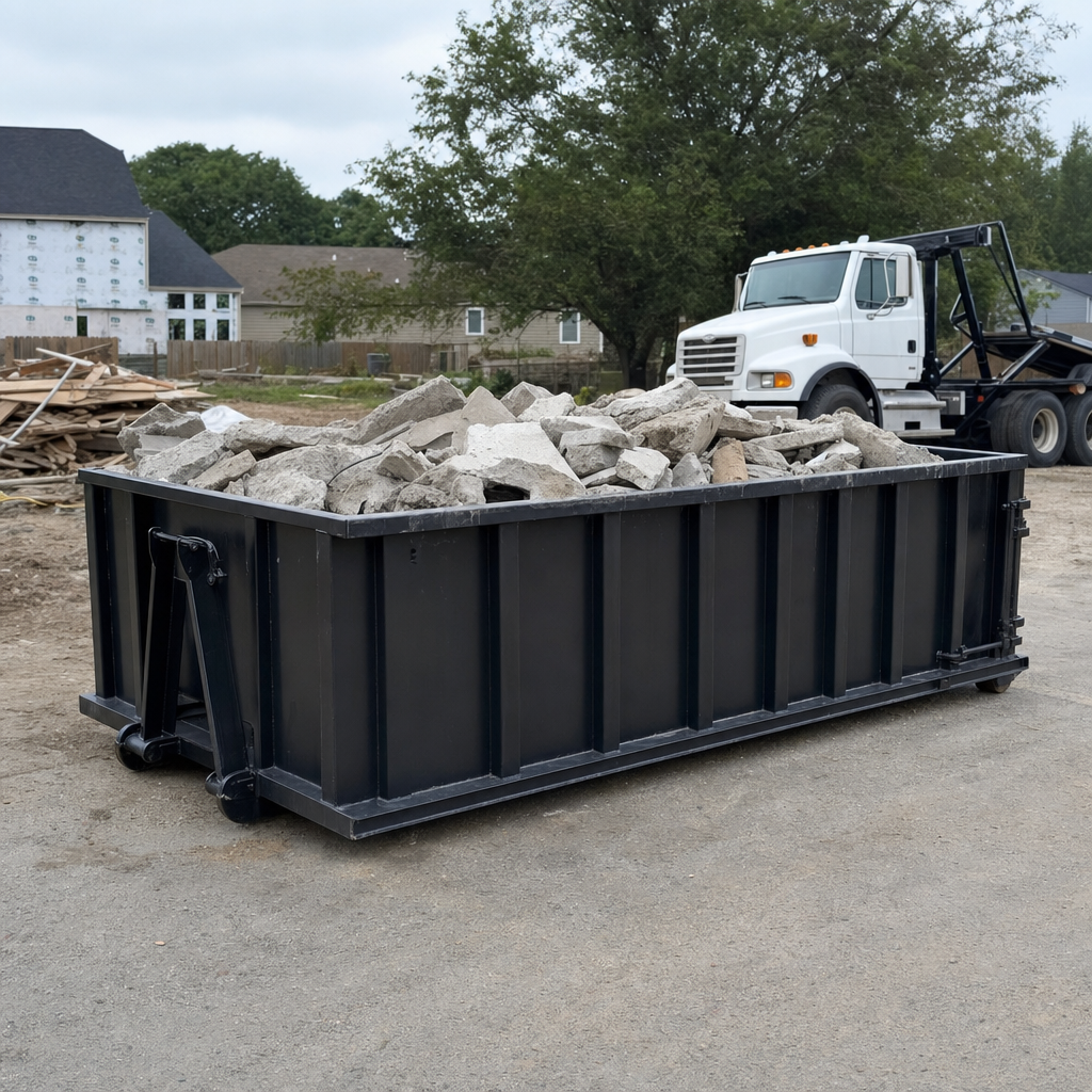 Low-profile matte-black lowboy roll-off dumpster loaded with broken concrete slab and rebar at a foundation tear-out in Eagan, skid steer parked beside it, sunny Colorado morning