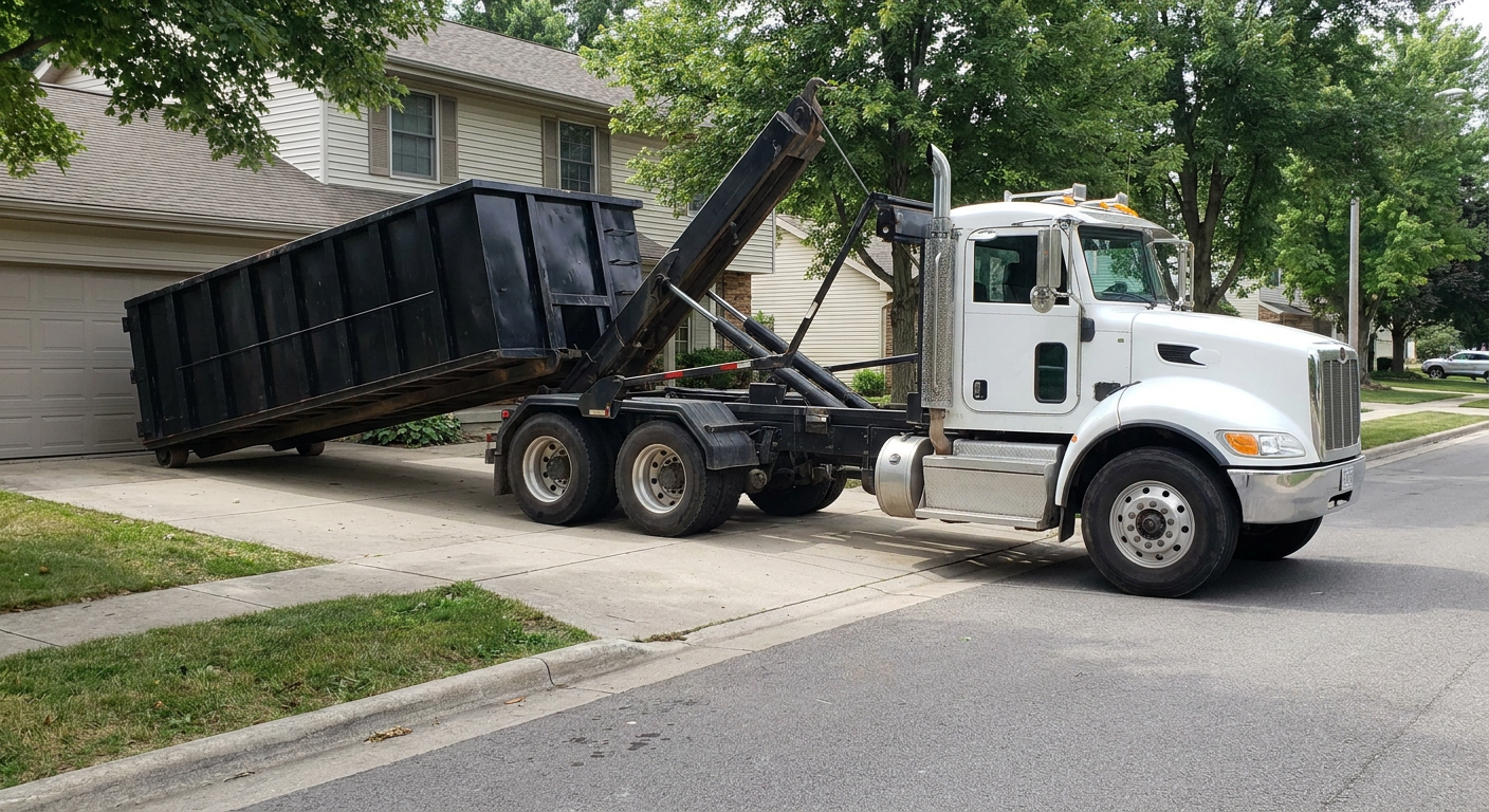 White-cab hooklift roll-off truck actively lowering a matte-black dumpster onto a Eagan residential concrete driveway, the dumpster's rear wheels touching the driveway as the hoist arm tilts the bed forward, mid-morning daylight.