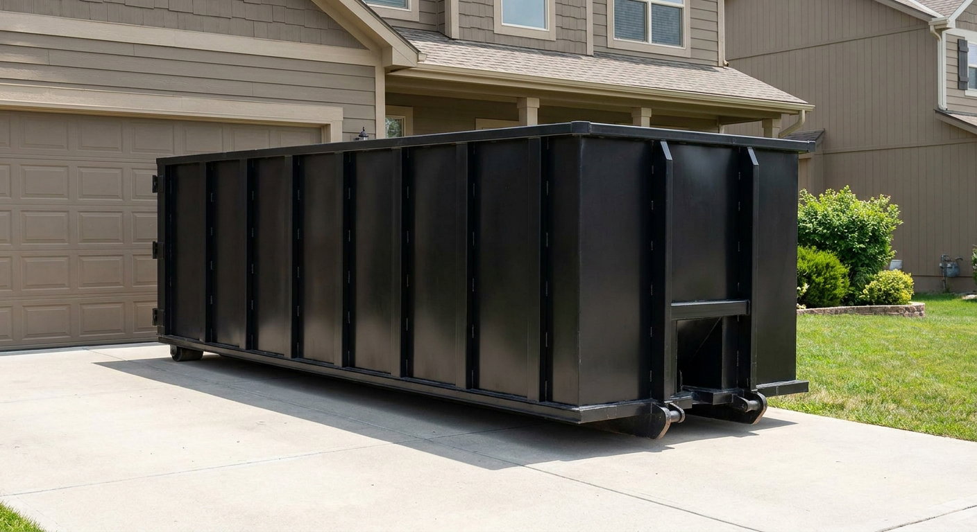 Matte-black residential roll-off dumpster sitting directly on a suburban Eagan concrete driveway, garage door closed, single-family home in background, bright morning daylight.