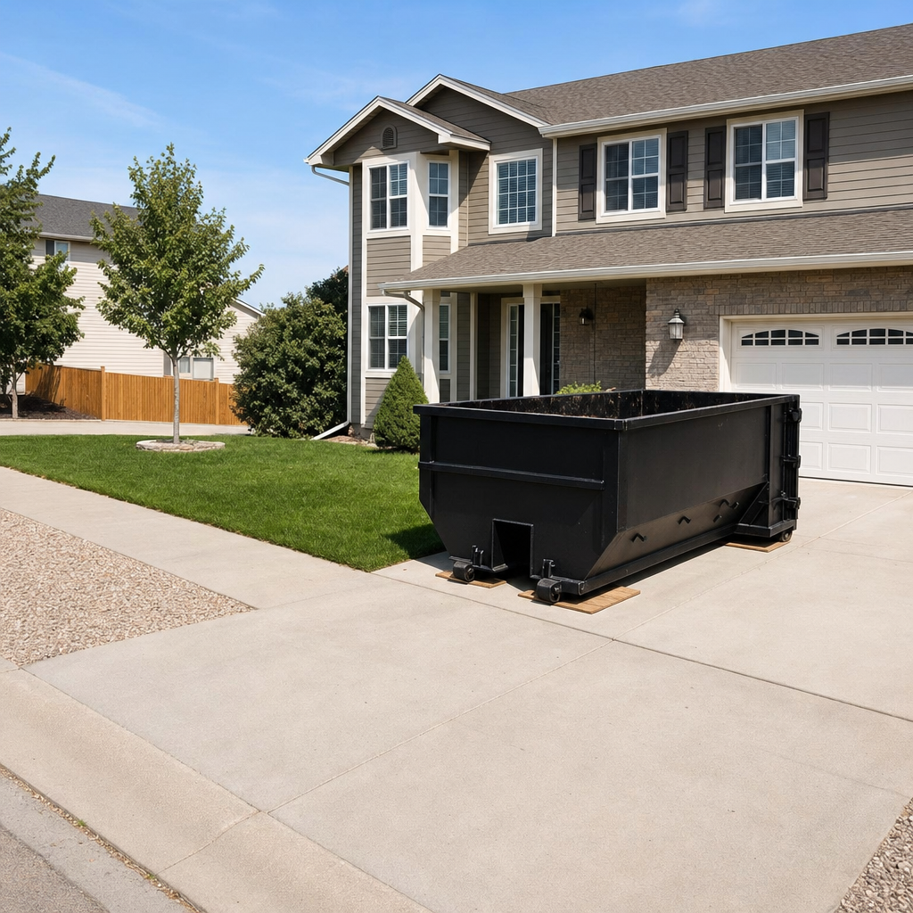10-yard matte-black residential dumpster placed directly on a narrow Eagan concrete driveway, room remains for a parked sedan beside it, mid-morning natural light