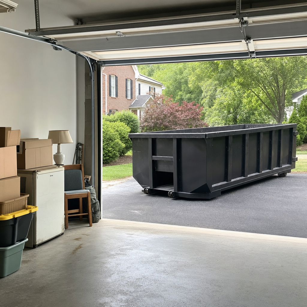 Open garage interior in a Eagan home mid-cleanout — boxed items, an old appliance, and stacked yard tools queued near the driveway for a matte-black roll-off dumpster, organized and calm