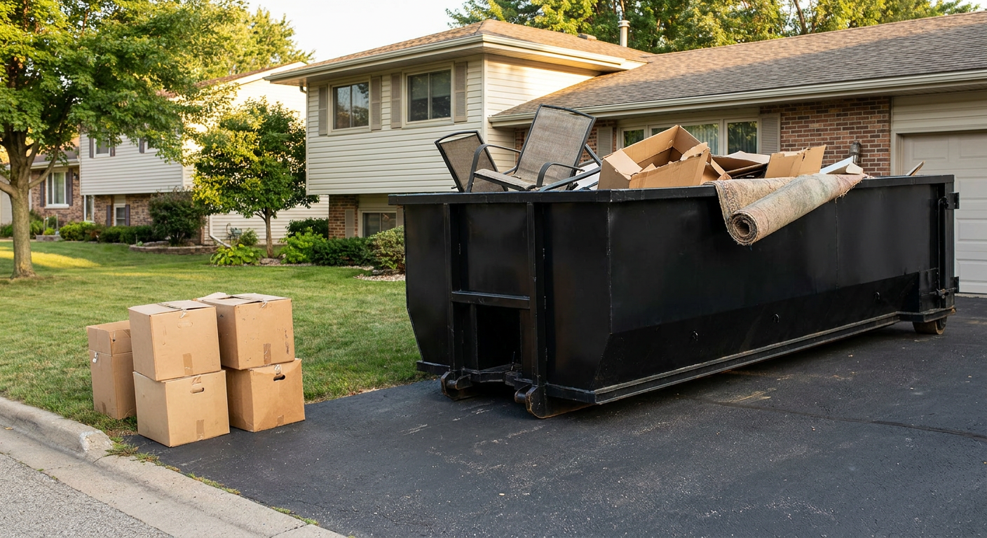 Front-yard view of a Eagan split-level home with a 20-yard matte-black roll-off dumpster sitting directly on the asphalt driveway, a few clearly labeled donation boxes staged at the curb, calm sunny afternoon.