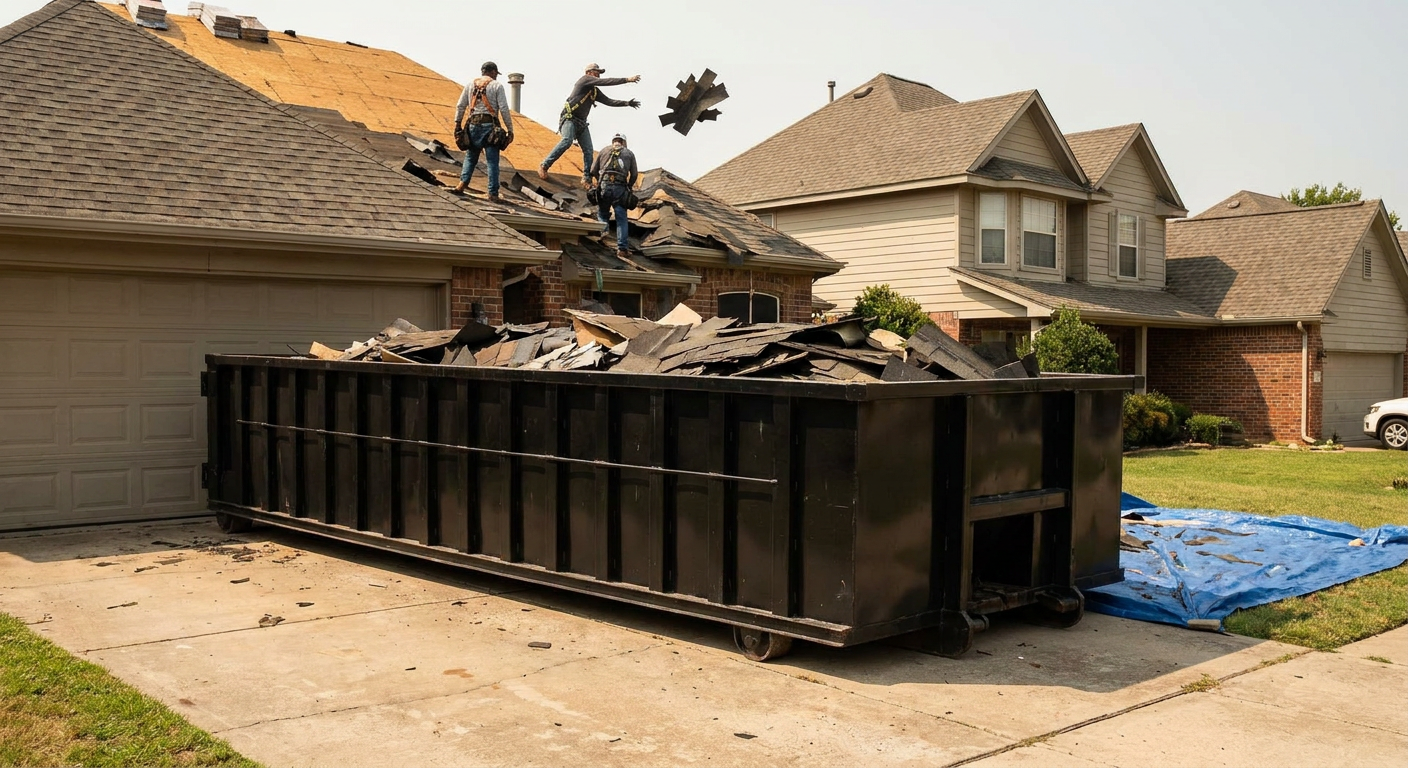 Matte-black roofing roll-off dumpster placed directly on a Eagan residential concrete driveway, a tear-off crew on a two-story asphalt-shingle roof tossing shingle bundles into the low-walled container, bright daylight, documentary 35mm perspective.