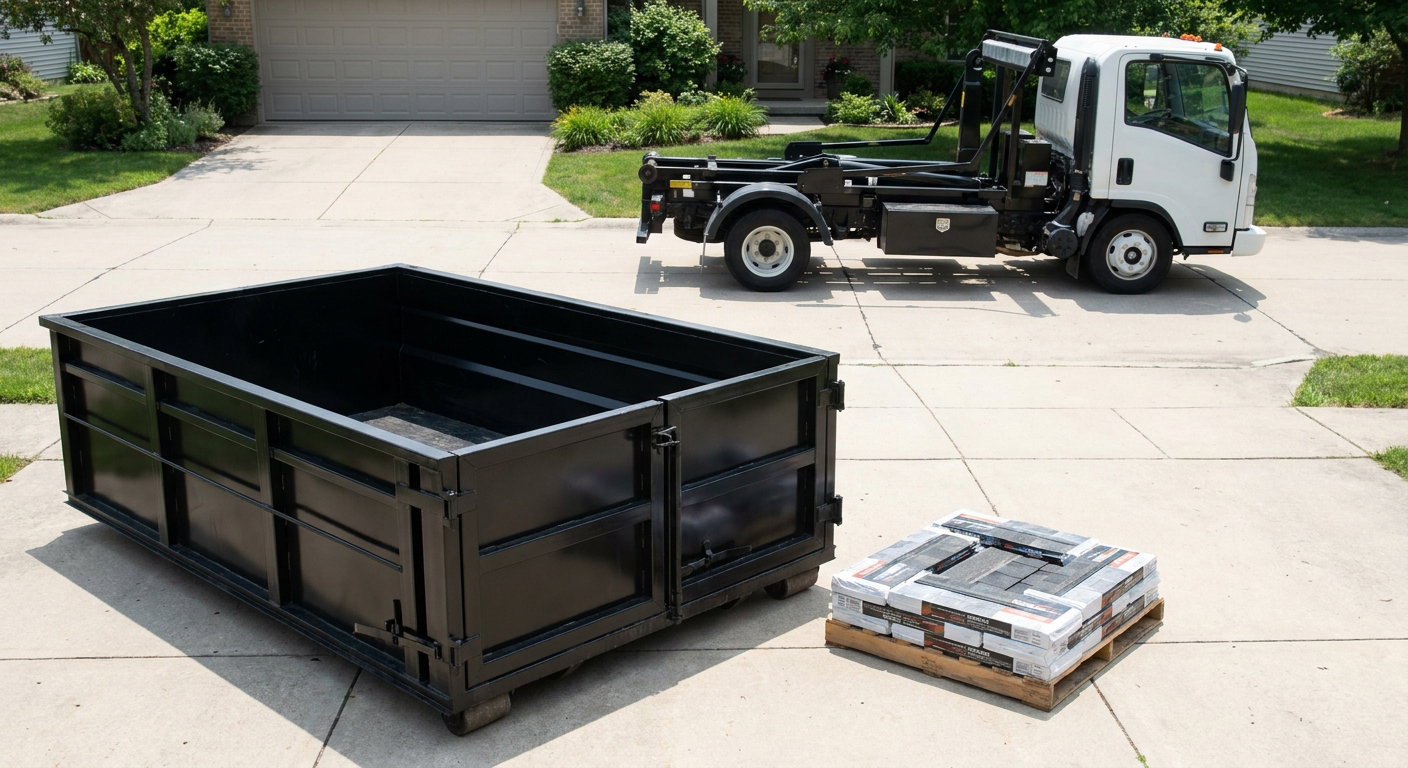 Matte-black 15-yard roofing roll-off dumpster with reinforced low side walls sitting directly on a Eagan residential concrete driveway, three-tab asphalt shingle bundles stacked nearby, an unmarked white hauler truck partially visible at the edge of the frame.