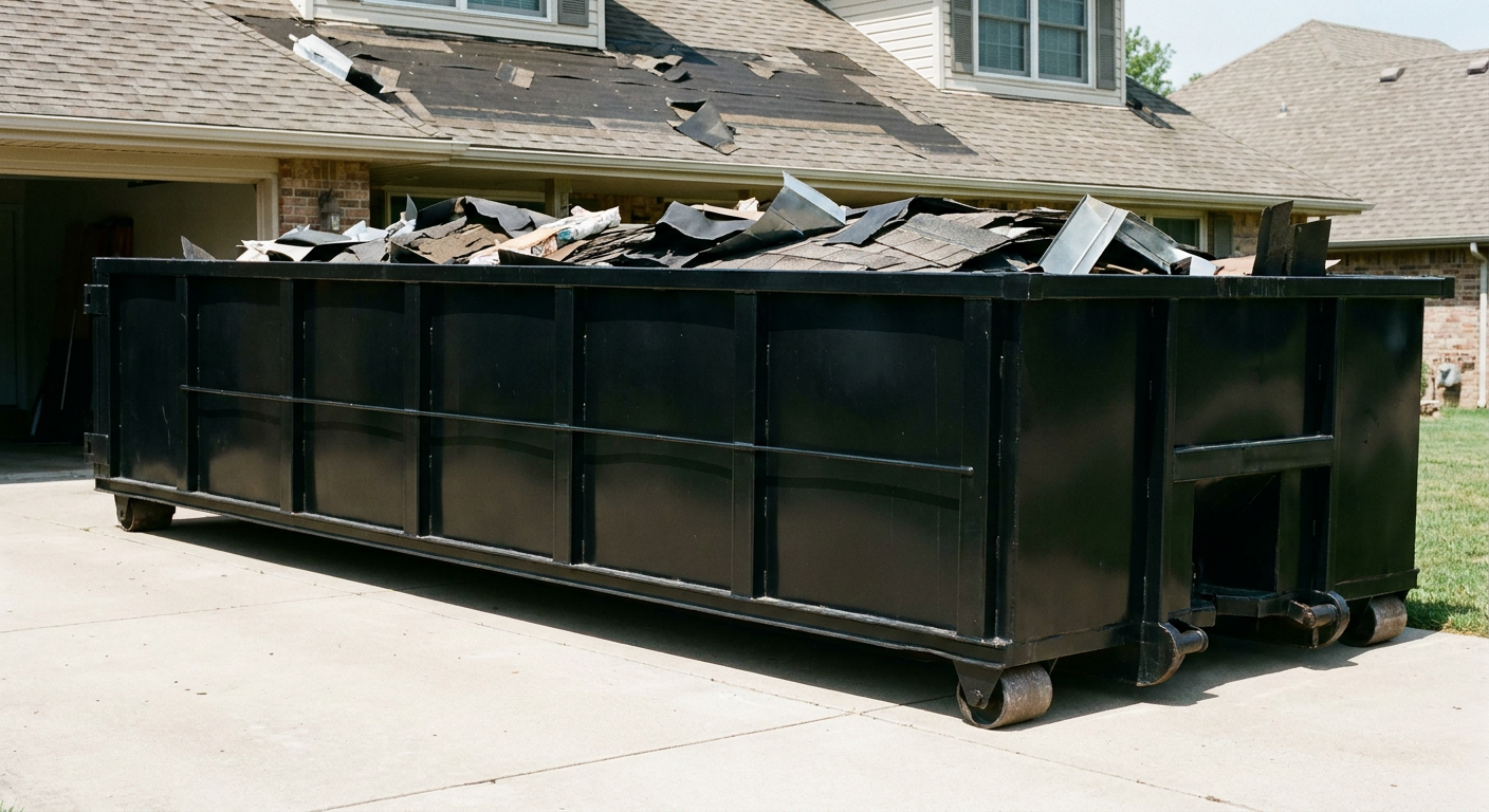 Matte-black 20-yard roofing roll-off dumpster with steel ribbed sides and swinging rear door, sitting directly on the concrete driveway of a two-story Eagan home, asphalt shingle debris being loaded over the low wall, clean documentary lighting.