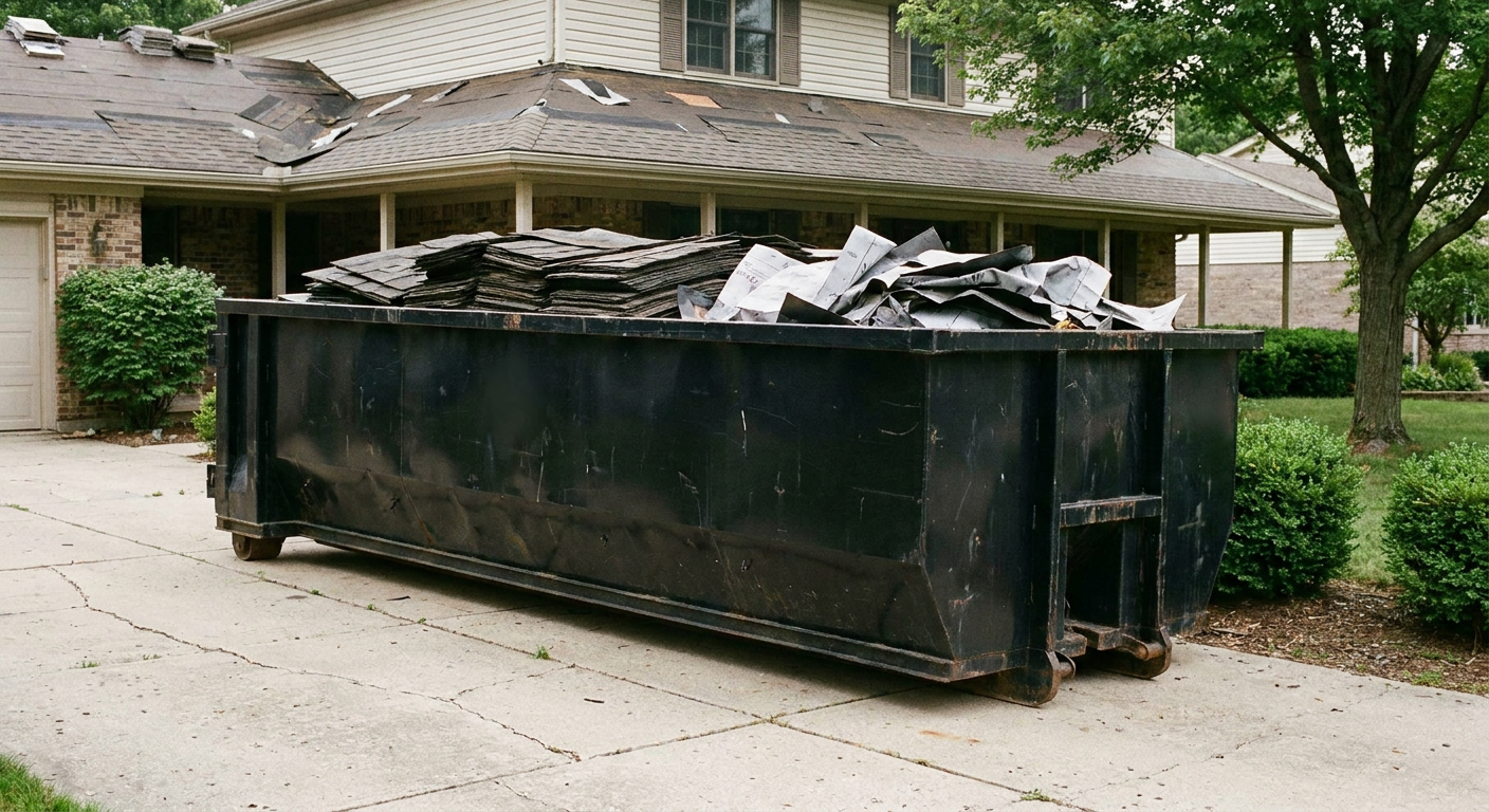 Matte-black 30-yard roofing roll-off dumpster sitting directly on a Eagan concrete driveway, taller ribbed steel side panels, mixed tear-off debris of asphalt shingles and underlayment inside, professional documentary daylight.