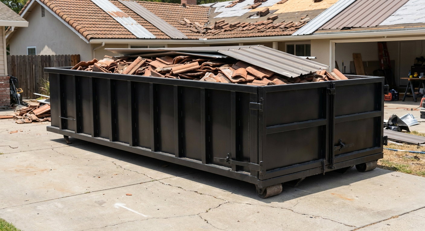 Matte-black low-wall heavy-debris roofing roll-off dumpster sitting directly on a Eagan concrete driveway, broken concrete clay roof tiles and metal panel sections loaded inside, reinforced ribbed steel side walls visible, bright outdoor daylight.