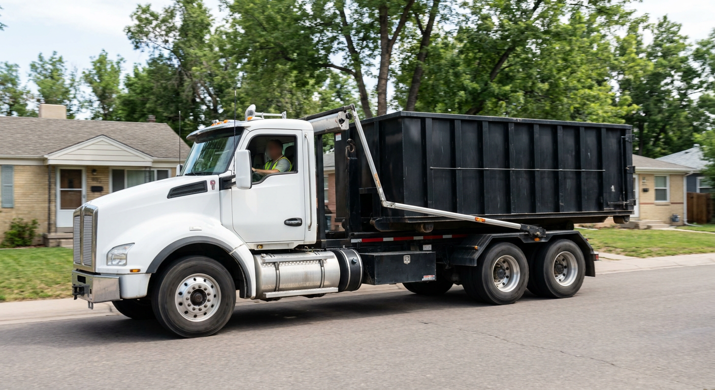 A wide documentary shot of a matte-black roll-off delivery truck pulling onto a quiet Eagan residential street at mid-morning, with neighborhood rooftops and tree-lined blocks visible behind, showing the metro coverage footprint.