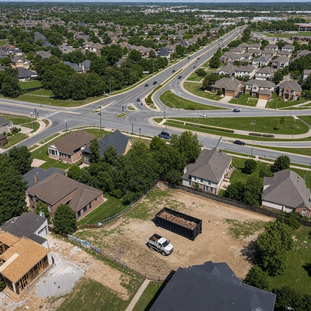 An overhead documentary view of the Eagan metro area at midday, showing the spread of neighborhoods, arterial roads, and the dispatch radius from a central yard — clean daylight, organized geographic layout.