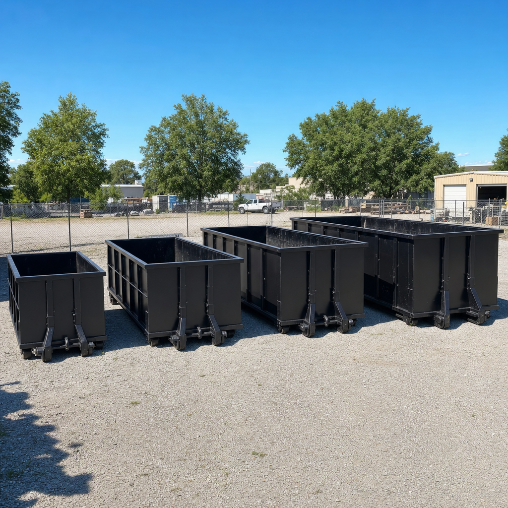 A clean lineup of matte-black roll-off dumpsters in 10, 20, 30, and 40-yard sizes staged on a sunlit gravel yard in Eagan, showing the size progression from compact to commercial-scale containers.