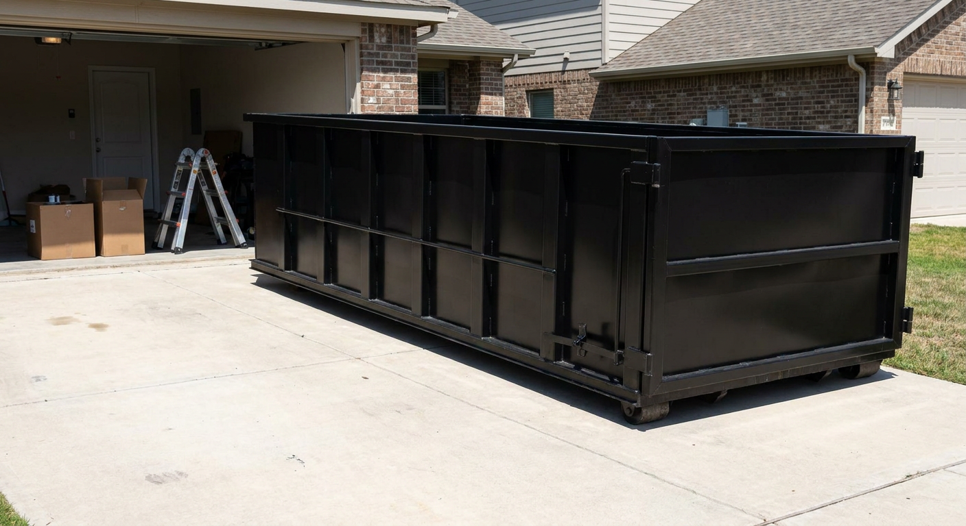 A matte-black 10-yard roll-off dumpster sitting directly on a residential Eagan concrete driveway, mid-day sunlight, clean and ready for a garage cleanout.