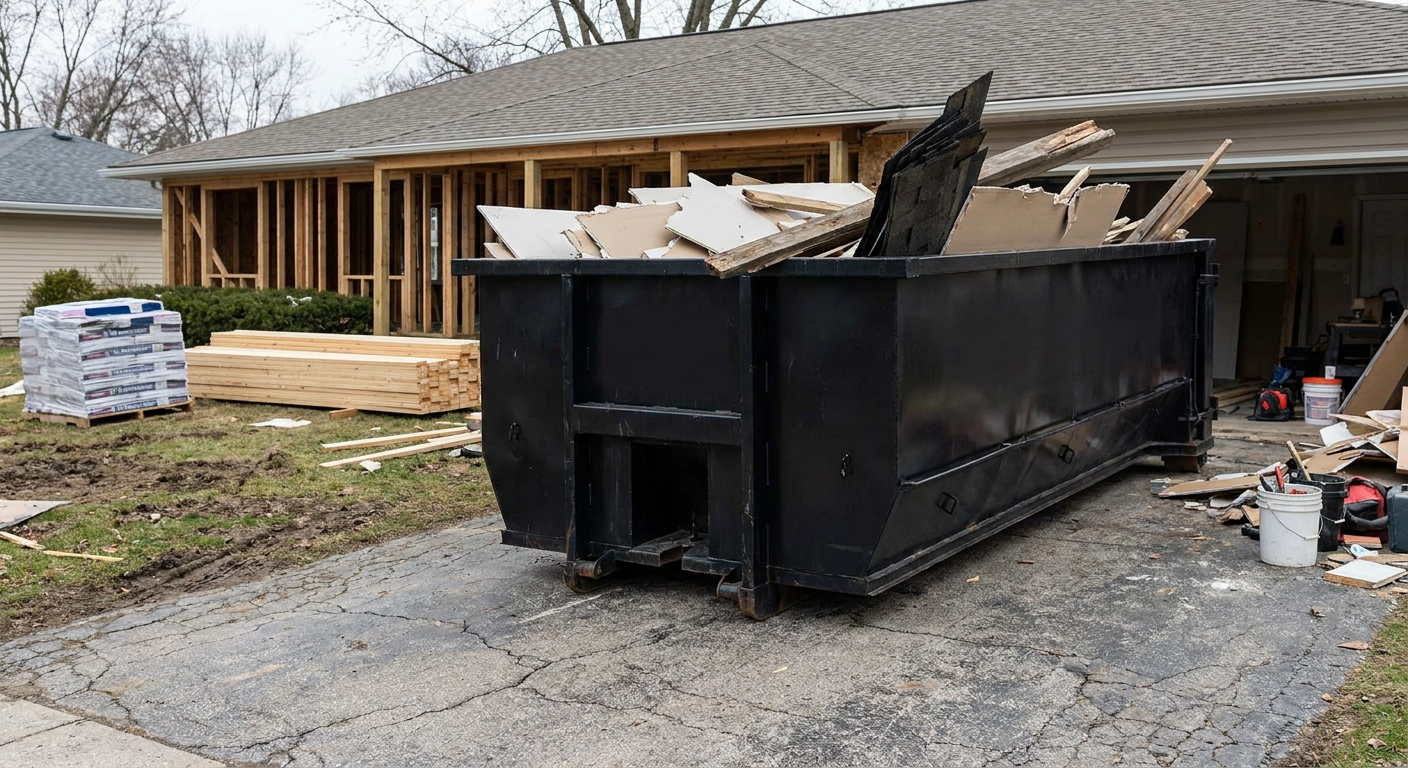 A matte-black 20-yard roll-off dumpster placed alongside a mid-renovation Eagan home directly on the asphalt driveway, with framing materials and torn-off shingles staged neatly nearby.