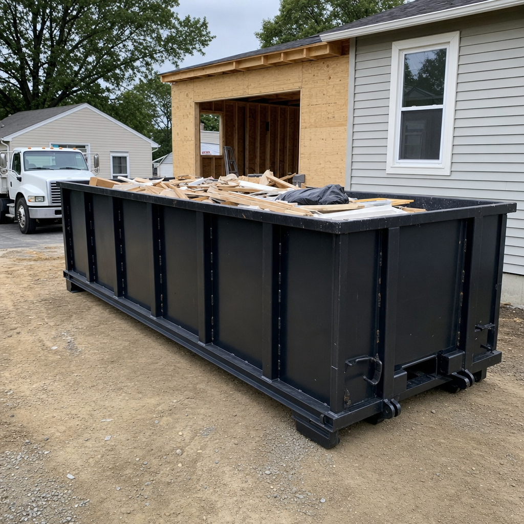 A matte-black 30-yard roll-off dumpster positioned at a Eagan residential addition jobsite, with framing lumber and drywall scraps loaded through the open swinging rear doors.