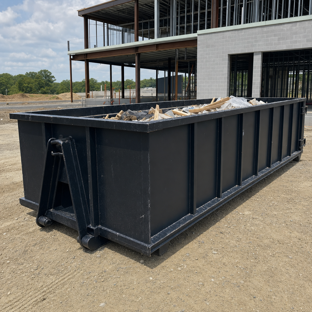 A matte-black 40-yard roll-off dumpster staged on a large Eagan commercial construction lot, with a hooklift delivery truck parked alongside under bright midday sky.