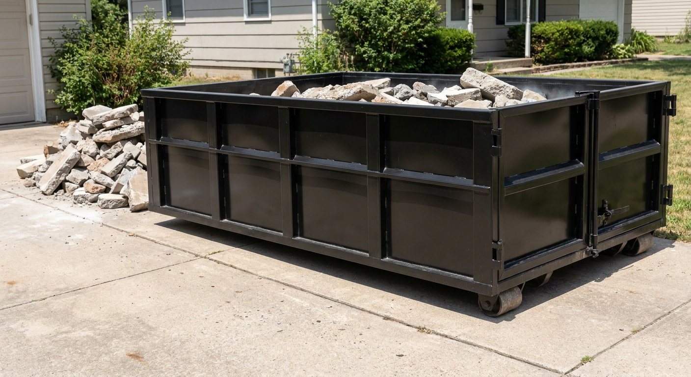 A matte-black low-side heavy-debris roll-off dumpster placed directly on a Eagan concrete driveway, with broken concrete chunks neatly stacked beside it under clean daylight.